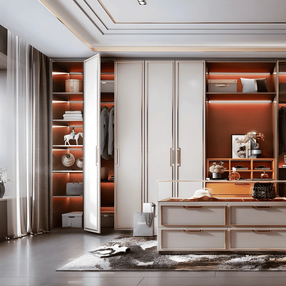 Contemporary frosted glass wardrobe featuring matte white panels, soft lighting, and organized shelving for clothing and accessories. Contemporary frosted glass wardrobe featuring matte white panels, soft lighting, and organized shelving for clothing and accessories.