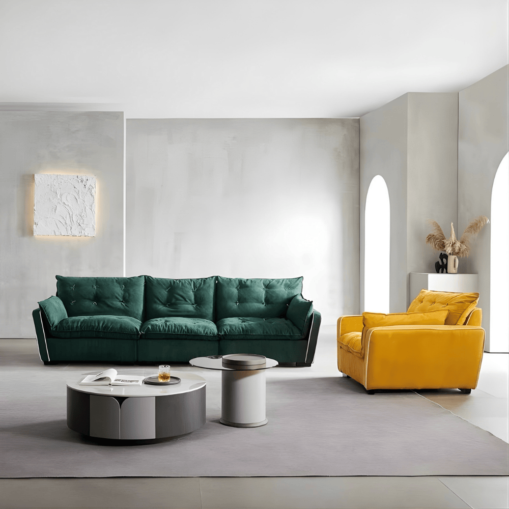 Close-up side view of the green velvet sofa highlighting plush seat cushions and clean white trim edges. Close-up side view of the green velvet sofa highlighting plush seat cushions and clean white trim edges.